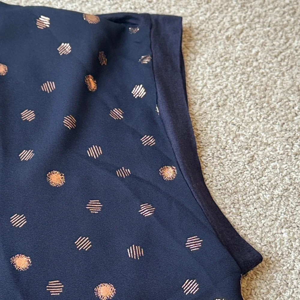 PaperMoon Mixed Material Foil Print Blouse Navy Rose Gold Polka Dot Women Medium - Picture 4 of 12